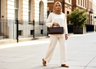 Woman carrying an affordable east west bag uk style on a London street