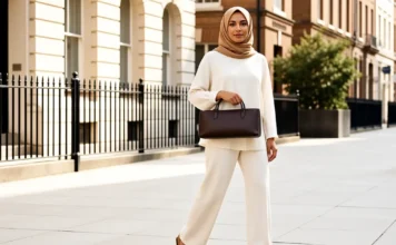 Woman carrying an affordable east west bag uk style on a London street