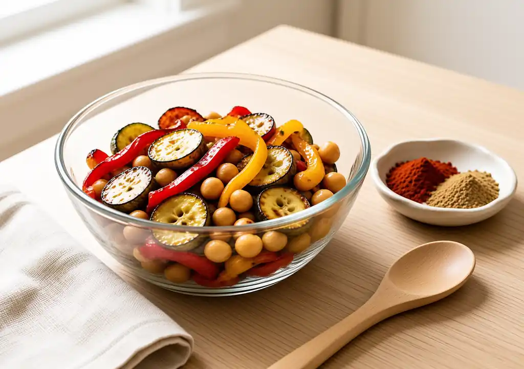 Ninja DoubleStack XL Review: How It Compares to the Foodi, and Which Wins for Healthy Meal Prep Ninja DoubleStack XL review: Roasted peppers courgettes and chickpeas showing the low oil air fryer method
