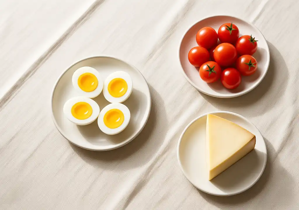 High Protein Mini Meals to Manage Satiety and Beat Bloating Palm-sized protein portion with cherry tomatoes and cheese on linen