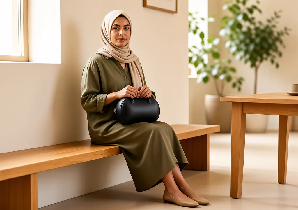 Woman holding a rounded black barrel shoulder bag at a cafe