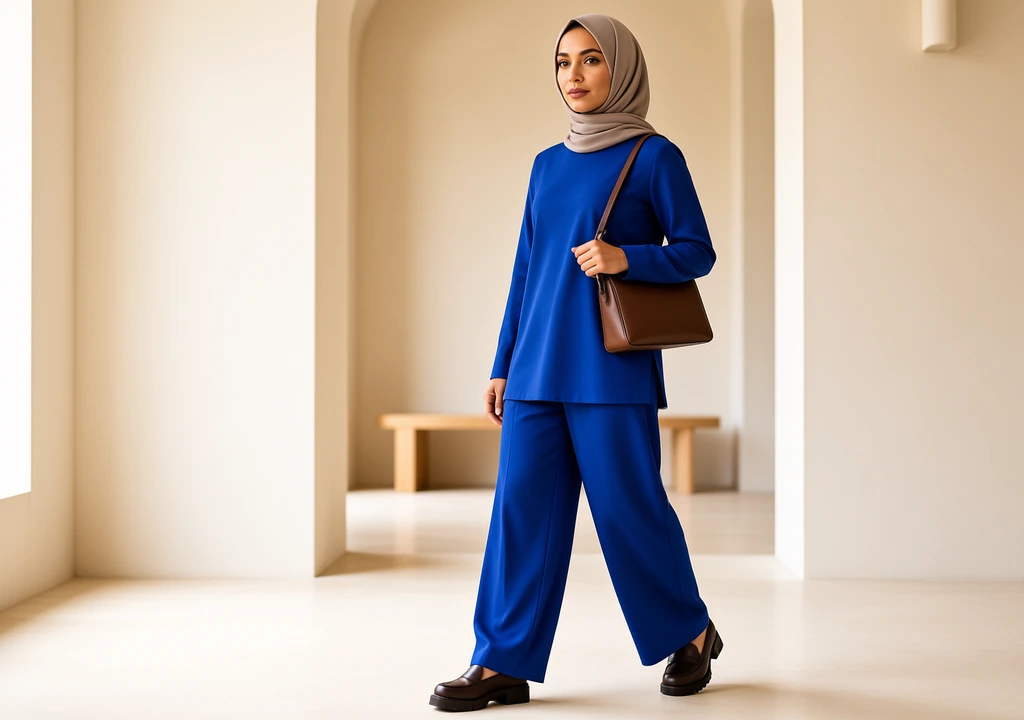Cobalt blue outfit styled with a chocolate brown east west bag