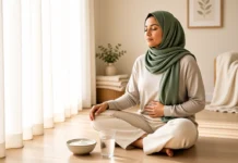 Woman meditating with probiotic yoghurt for cycle syncing probiotics cortisol