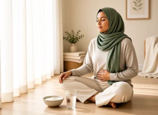 Woman meditating with probiotic yoghurt for cycle syncing probiotics cortisol