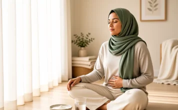 Woman meditating with probiotic yoghurt for cycle syncing probiotics cortisol