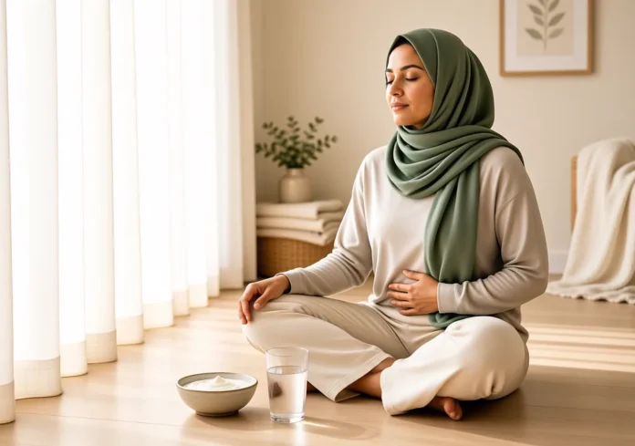 Cycle Syncing Probiotics and Cortisol: Can It Really Lower Your Stress? Woman meditating with probiotic yoghurt for cycle syncing probiotics cortisol