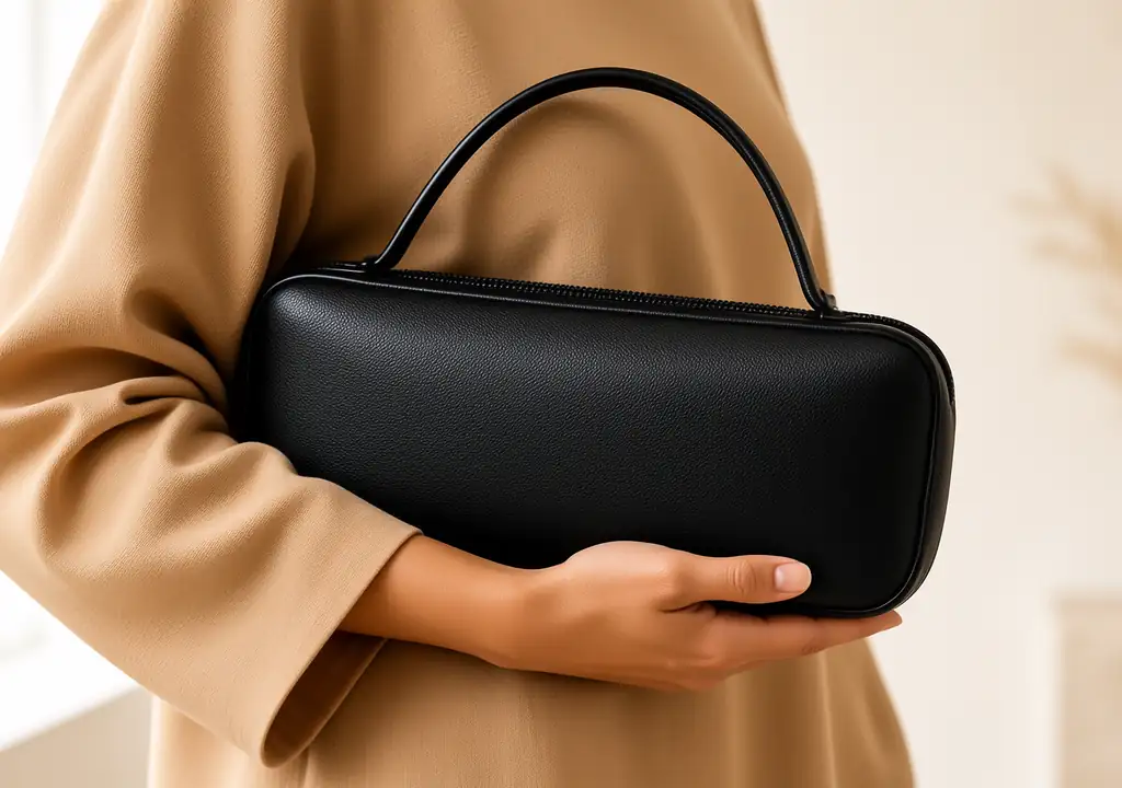 Close-up of a horizontal affordable east west bag uk shape on the arm