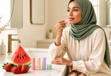 Woman applying fruit flavoured lip balm at a sunlit vanity