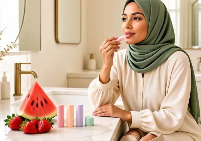 The Best Fruit Flavoured Lip Balm UK: Summer 2026's Sweetest Obsession Woman applying fruit flavoured lip balm at a sunlit vanity
