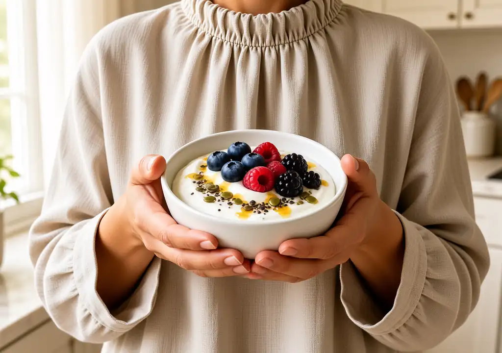 High Protein Mini Meals to Manage Satiety and Beat Bloating Small bowl of Greek yoghurt with berries and seeds for high protein mini meals
