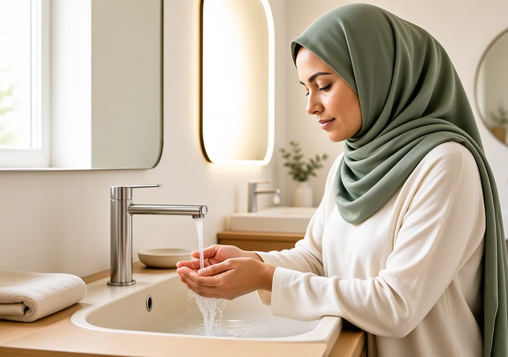 Woman in a soft hijab rinsing hands before ablution