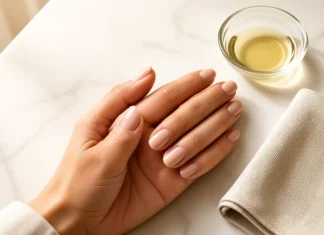 Breathable halal nail polish uk manicure on a marble vanity
