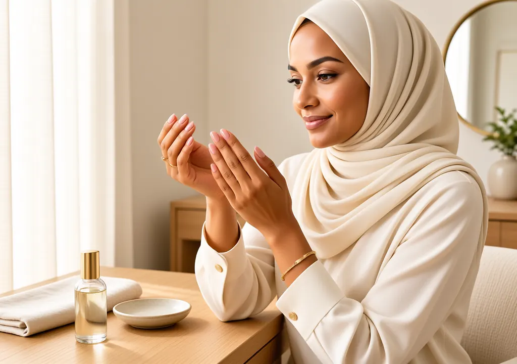Woman in a cream hijab admiring her polished nails