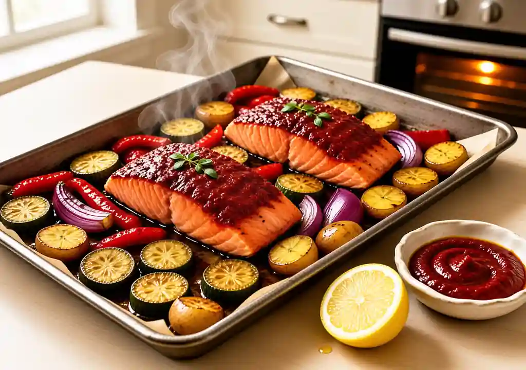 Harissa salmon tray with roasted vegetables for anti-inflammatory recipes uk