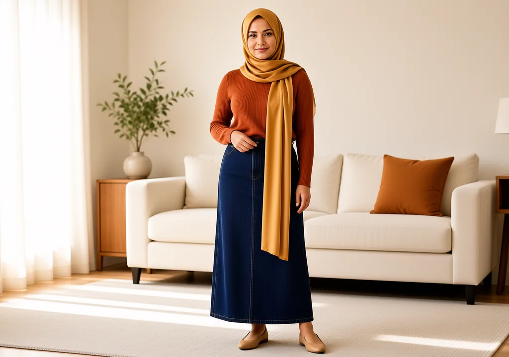 The Best Longline Denim Skirt UK Picks for the Autumn Transition Woman in mustard satin hijab with longline denim skirt and burnt orange knit
