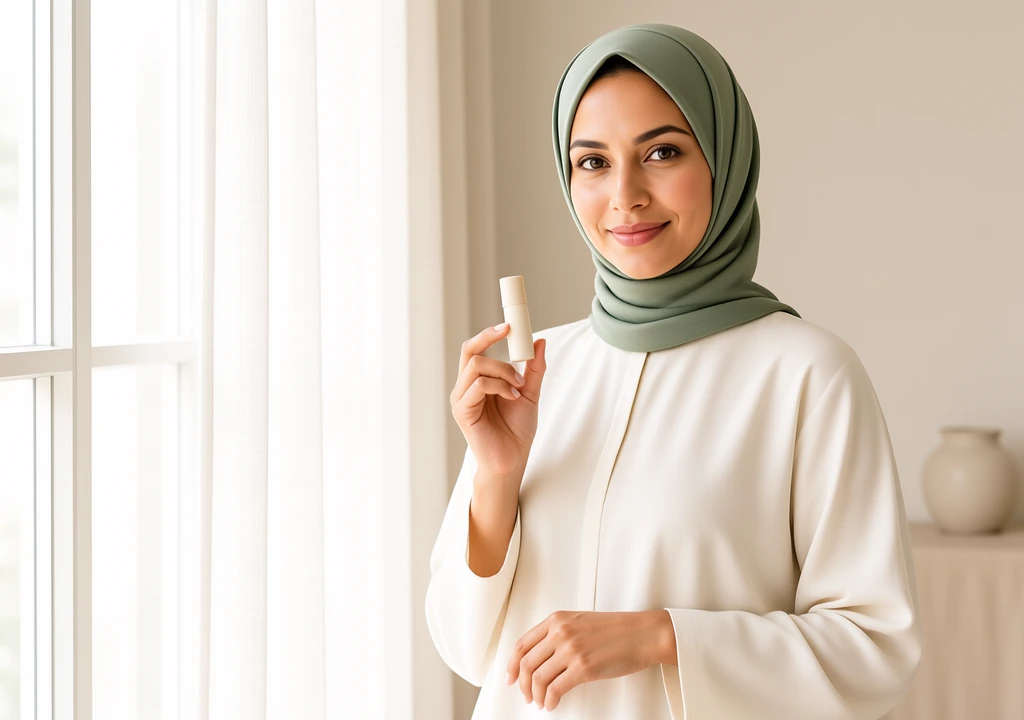 The Best Fruit Flavoured Lip Balm UK: Summer 2026's Sweetest Obsession Woman in a soft hijab holding a lip balm by a window