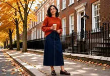 The Best Longline Denim Skirt UK Picks for the Autumn Transition Woman wearing a longline denim skirt UK in autumn street style