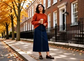 Woman wearing a longline denim skirt UK in autumn street style