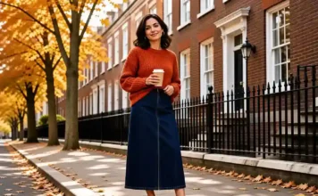 Woman wearing a longline denim skirt UK in autumn street style