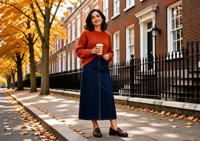 The Best Longline Denim Skirt UK Picks for the Autumn Transition Woman wearing a longline denim skirt UK in autumn street style