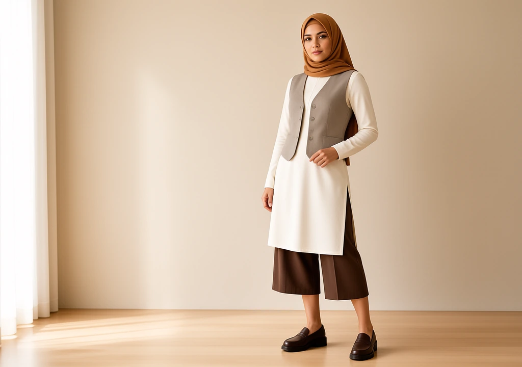 How to Style Capri Pants Modestly: The 2026 Trend, Covered Woman in hijab wearing longline shirt over brown mid-calf capri pants
