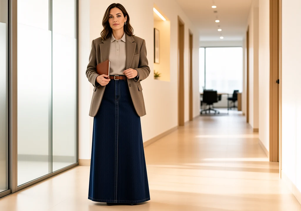 The Best Longline Denim Skirt UK Picks for the Autumn Transition Office outfit with longline denim skirt blazer and knee-high boots