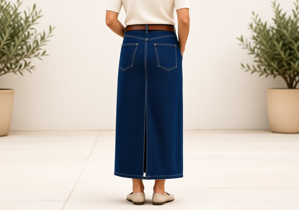 The Best Longline Denim Skirt UK Picks for the Autumn Transition longline denim skirt UK: High-waisted rigid denim maxi skirt with ankle-length hem and belt loops