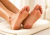 How to get soft feet at home: Bare feet on a towel showing rough heel skin