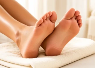 How to get soft feet at home: Bare feet on a towel showing rough heel skin