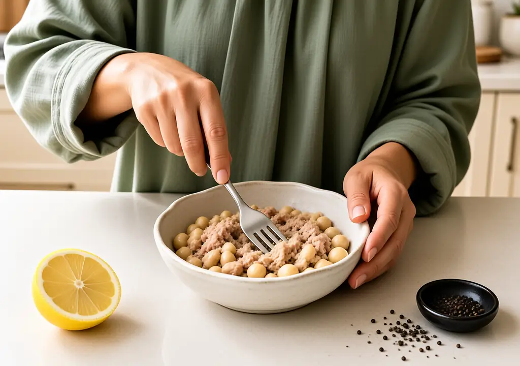 High Protein Mini Meals to Manage Satiety and Beat Bloating Hands mashing tuna and butter beans in a small ceramic bowl