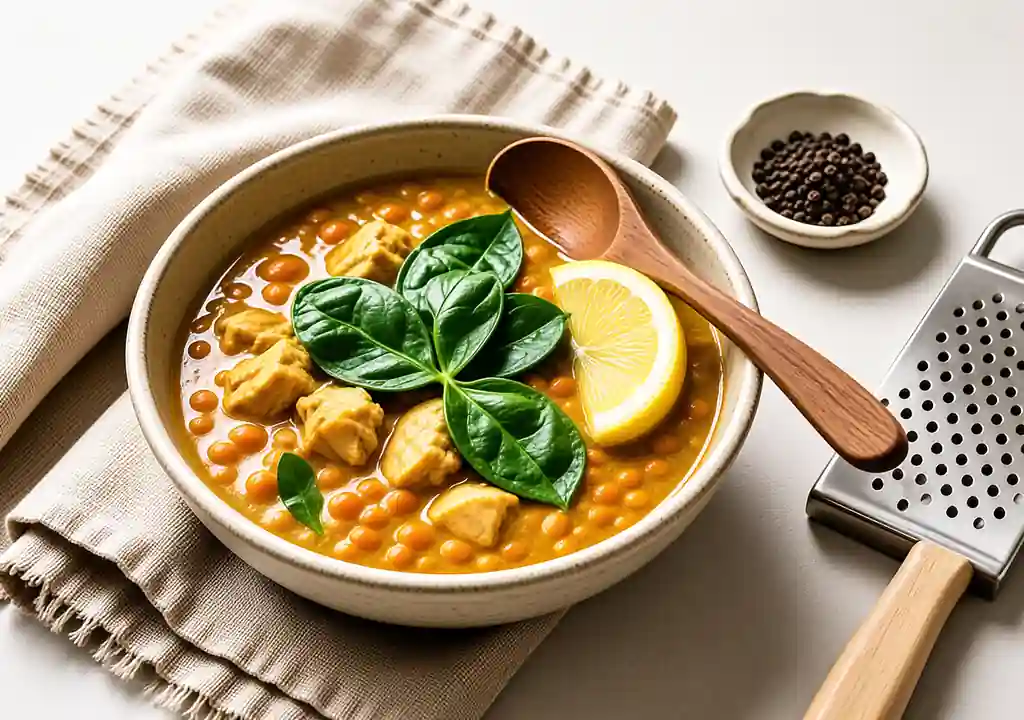 Turmeric chicken red lentil soup bowl with spinach and lemon