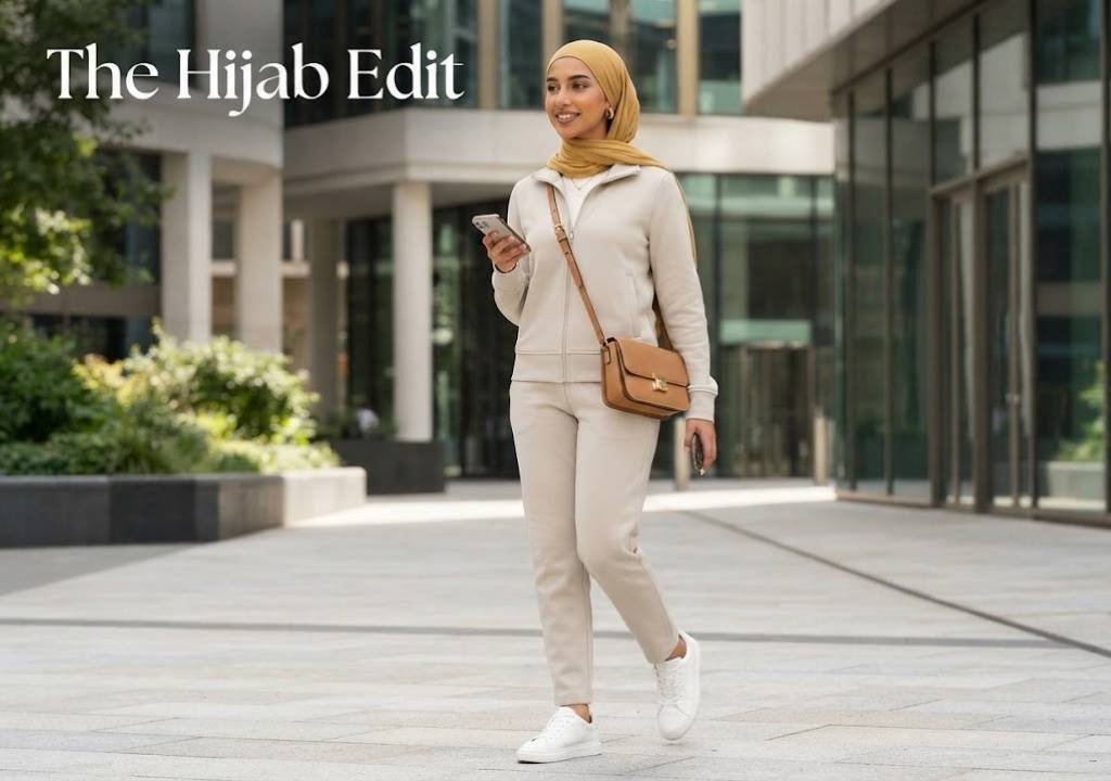 How to Build an Effortless Sports Luxe Wardrobe for Autumn 2026 Woman in a jersey headscarf and high-neck zip-up at a cafe