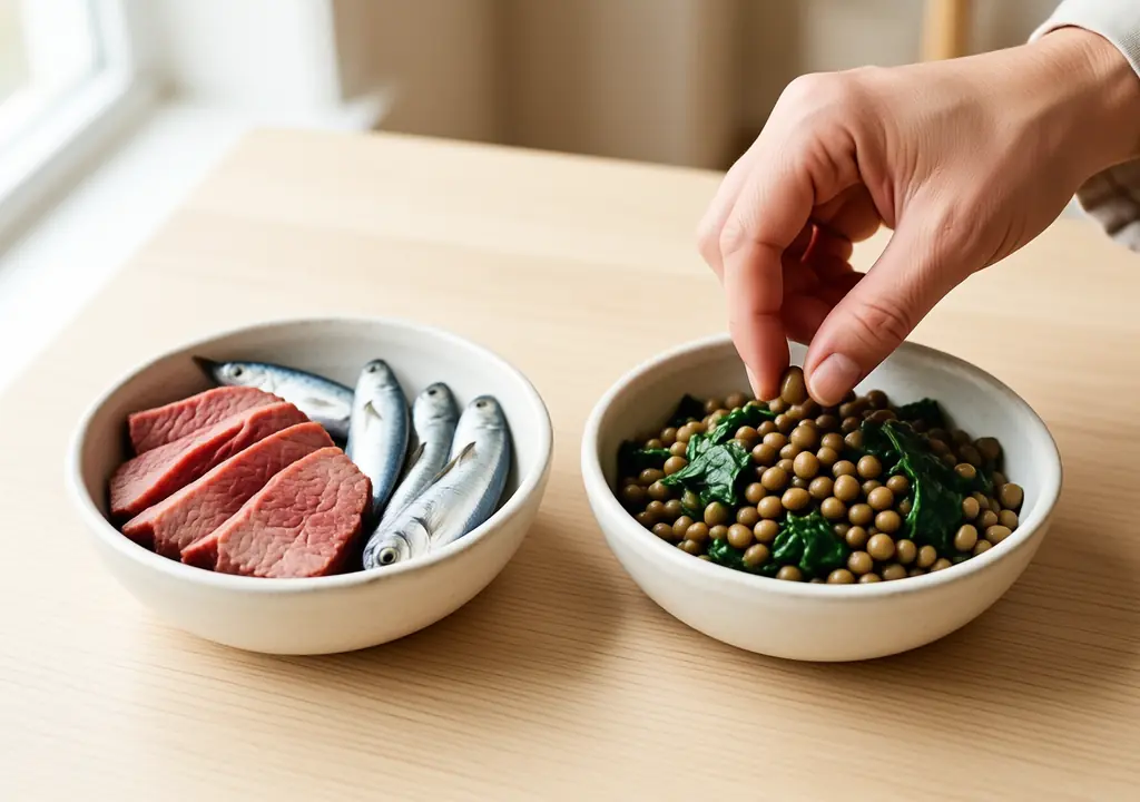 Iron Rich Foods for Women UK: The Full List (and How to Absorb Them) iron rich foods: Two bowls comparing animal and plant iron sources