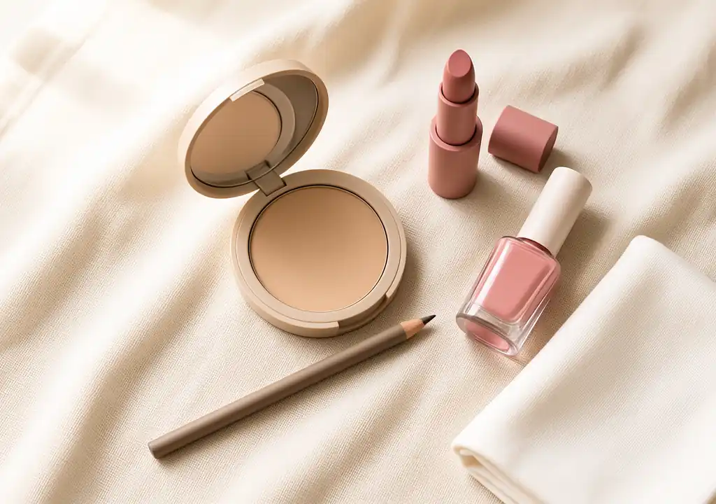 Halal Makeup Brands UK: 5 Certified Picks You Can Buy Now halal makeup brands uk: Minimal everyday makeup kit laid out on linen