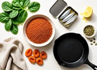 iron rich foods laid out on a bright kitchen counter
