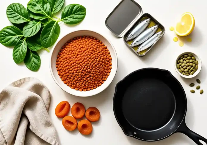 Iron Rich Foods for Women UK: The Full List (and How to Absorb Them) iron rich foods laid out on a bright kitchen counter