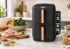 Ninja DoubleStack XL review with a slim dual drawer air fryer on a bright worktop