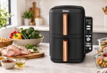 Ninja DoubleStack XL review with a slim dual drawer air fryer on a bright worktop