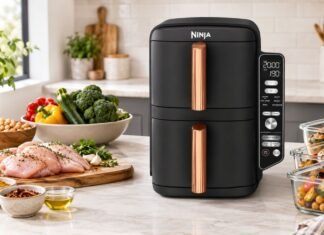 Ninja DoubleStack XL review with a slim dual drawer air fryer on a bright worktop