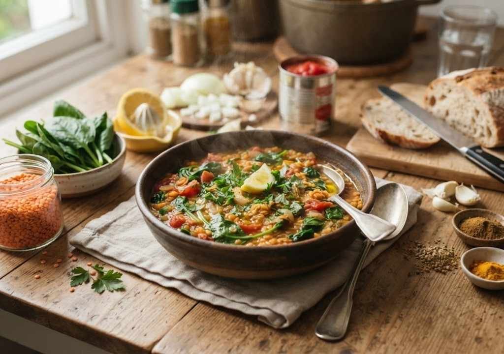Iron Rich Foods for Women UK: The Full List (and How to Absorb Them) iron rich foods for women UK - Spiced lentil and spinach stew cooking in a cast iron pan