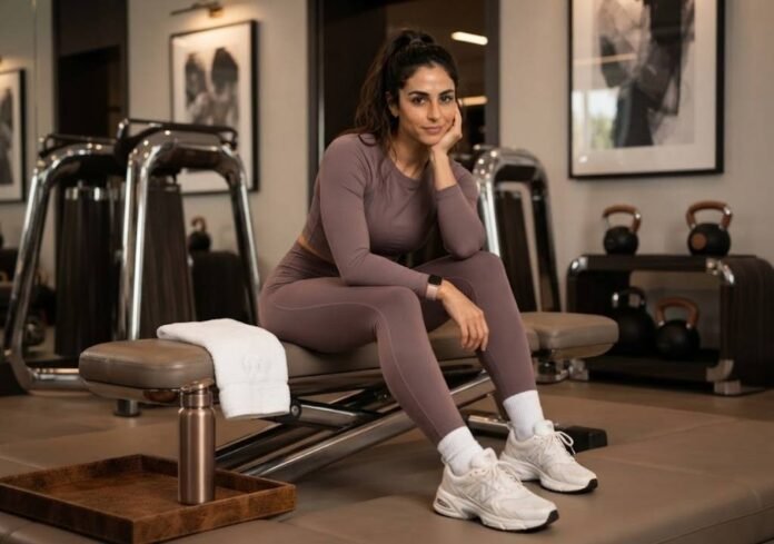 sports luxe fashion trends sports luxe fashion trends: Woman in a matte sports luxe wardrobe co-ord by a bright window