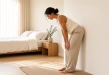 Woman doing wall pilates for beginners in a bright home bedroom