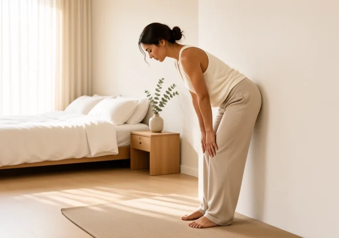 Wall Pilates for Beginners: An Easy 20-Minute Home Routine Woman doing wall pilates for beginners in a bright home bedroom