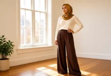 Best Wide Leg Trousers UK: 6 Pairs to Buy This Autumn Woman in chocolate brown wide leg trousers UK palazzo with mustard hijab
