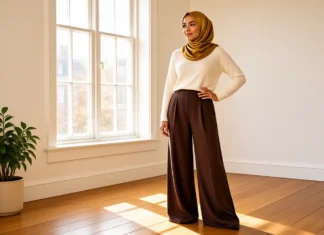 Best Wide Leg Trousers UK: 6 Pairs to Buy This Autumn Woman in chocolate brown wide leg trousers UK palazzo with mustard hijab