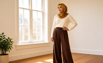 Woman in chocolate brown wide leg trousers UK palazzo with mustard hijab