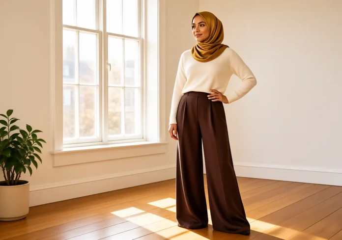 Best Wide Leg Trousers UK: 6 Pairs to Buy This Autumn Woman in chocolate brown wide leg trousers UK palazzo with mustard hijab