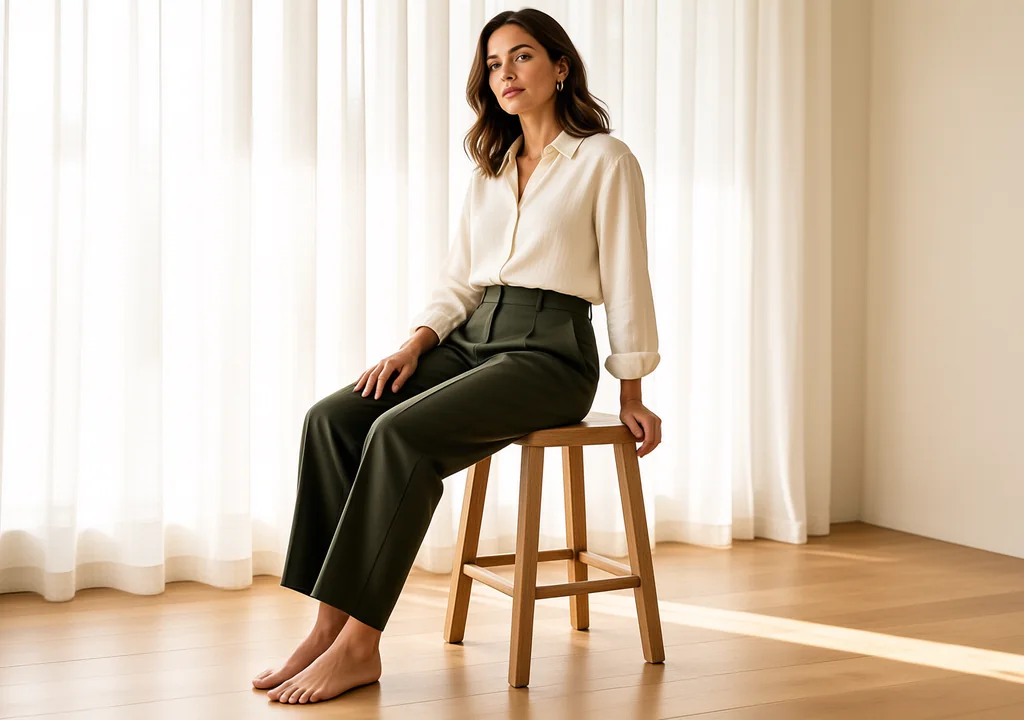 Best Wide Leg Trousers UK: 6 Pairs to Buy This Autumn best wide leg trousers UK: Tailored wide leg trousers UK with front crease on seated woman